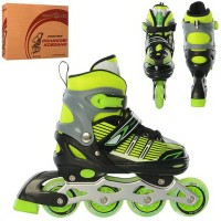 Ролики роздвижні, шнур + бакля, алюмінева рама, колеса ПУ 70 мм, 1 світяться, зелені, розмір 35-38