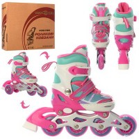 Ролики ( 27-30), роздвижні, шнур+бакля, алюмінева рама, колеса ПУ 64мм, 1 світяться, комбо, рожеві