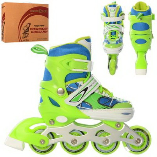 Ролики роздвижні, шнур + бакля, алюмінева рама, колеса ПУ 64 мм, 1 світяться, зелені, розмір 31-34