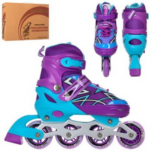 Ролики роздвижні, шнур+бакля, алюмінева рама, колеса ПУ 70 мм, 1 світяться, фіолетовий, розмір 35-38