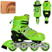 Ролики роздвижні, шнур + бакля, алюмінева рама, колеса ПУ 70 мм, устілка 24 см, зелені, розмір 39-42