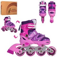 Ролики роздвижні, шнур+бакля, алюмінева рама, кол. ПУ 64 мм, 1 світ., комбо, фіолетові, розмір 27-30