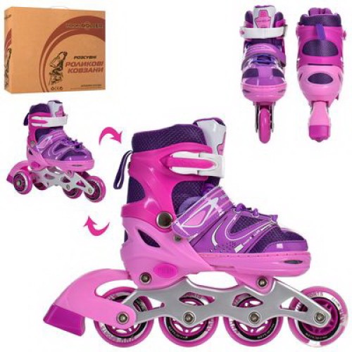 Ролики роздвижні, шнур+бакля, алюмінева рама, кол. ПУ 64 мм, 1 світ., комбо, фіолетові, розмір 27-30