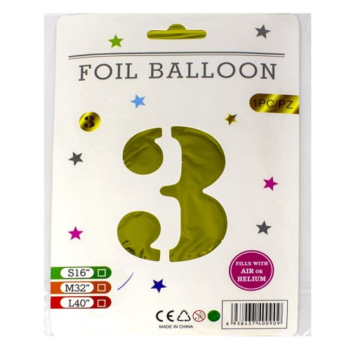 Кульки фольговані «Цифра 3» 82 см золото, ТМ Leader