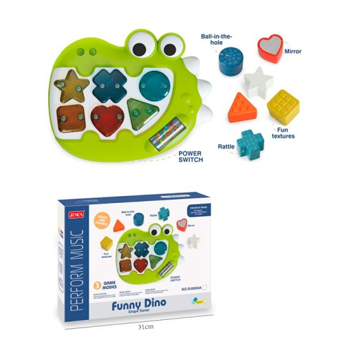 Сортер «Динозавр» 27х22 см з музикою, світлом та 6 фігурками-брязкальцями, на батарейці, у коробці 31х22,5х6,5 см