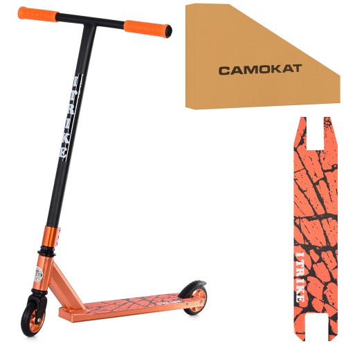 Самокат трюковий з металевою рамою, колесами ПУ 110 мм, кермом 85 см, підніжкою 50-33х10,5 см, помаранчевий