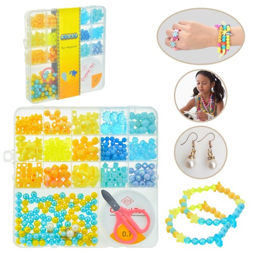 Набір для творчості: бісер, намистини, підвіски, гумова волосінь, ножиці, патріотичні кольори, у коробці 17х17х5 см