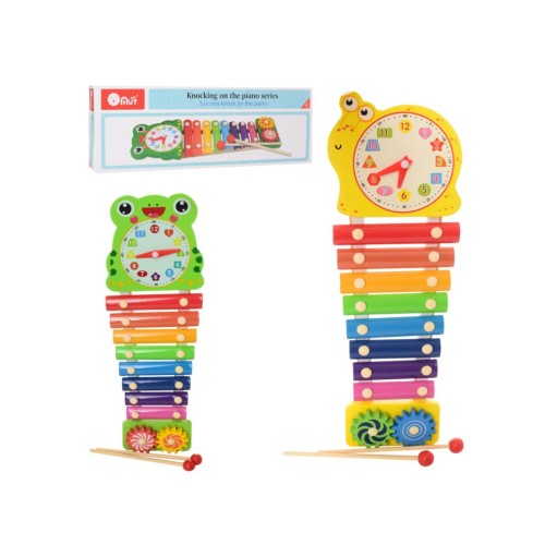 Ксилофон дерев'яний на 8 тонів з годинником, 2 паличками та рухомими деталями, у коробці 39х13,5х4 см