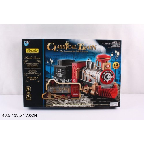 Залізниця зі світлом та звуком: локомотив, вагон та 10 сегментів дорги, на батарейці, у коробці 48,5х33,5х7 см