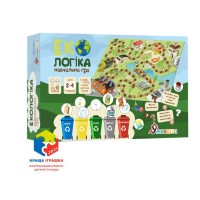 Гра настільна «Екологіка»: ігрове поле, 28 карток із запитаннями, 166 жетонів, ігровий кубик та 4 фішки для гравців, у коробці 29,5х18х5 см, ТМ Умняшка