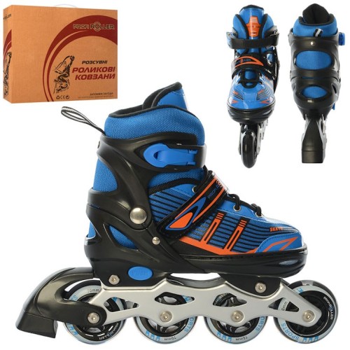 Ролики 35-38 розміру зі шнурівкю та баклею, алюміневою рамою, колесами ПУ, сині, у коробці 35х28х10,5 см