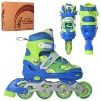 Ролики 35-38 розміру зі шнурівкю та баклею, алюміневою рамою, колесами ПУ, блакитно-зелені, у коробці 35х28х10,5 см