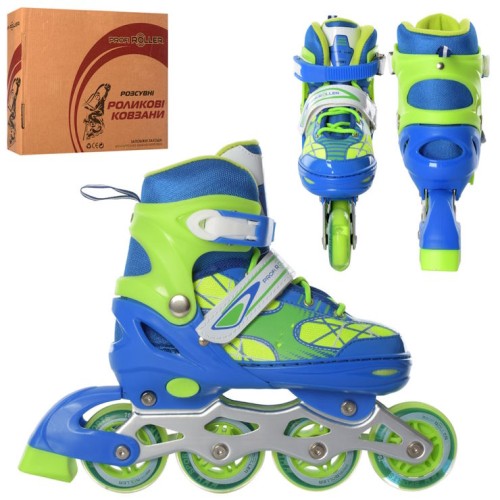 Ролики 35-38 розміру зі шнурівкю та баклею, алюміневою рамою, колесами ПУ, блакитно-зелені, у коробці 35х28х10,5 см