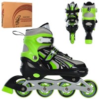 Ролики 39-42 розміру зі шнурівкю та баклею, алюміневою рамою, колесами ПУ, зелені, у коробці 35х28х10,5 см