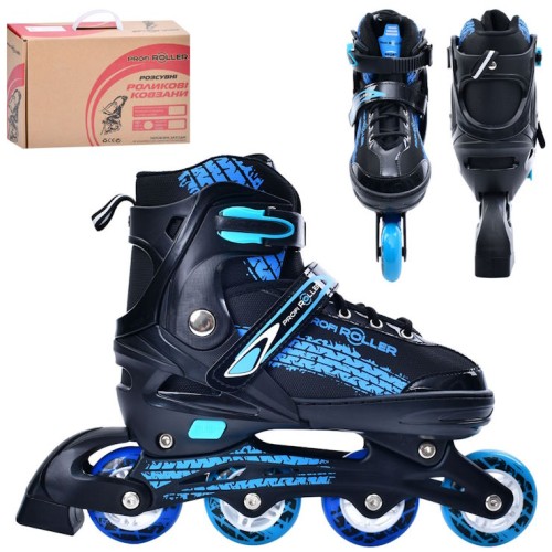 Ролики 39-42 розміру зі шнурівкю та баклею, алюміневою рамою, колесами ПУ, сині, у коробці 35х28х10,5 см