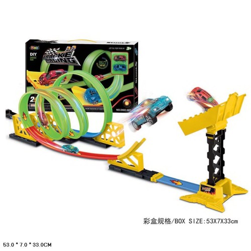 Трек зі світлом та 2 машинки по 7 см, на батарейці, у коробці 53х7х33 см