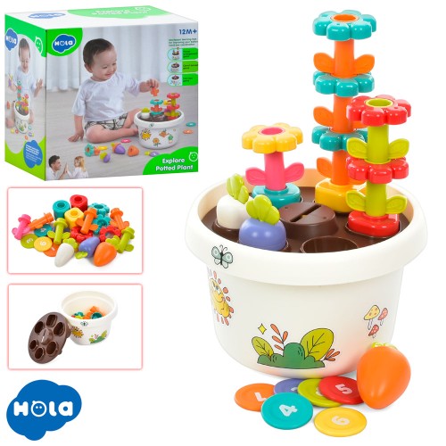 Сортер «Рослина в горщику» 5 в 1 з фігурками квітів та овочів, у коробці 18х18х12 см