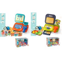 Касовий апарат 16,5 см зі світлом, звуком, калькулятором, мікрофоном, сканером, банкнотами та набором продуктів, на батарейці, у коробці 32,5х16,5х20 см