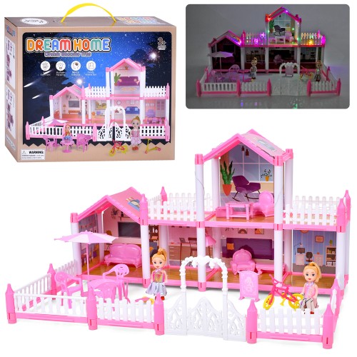 Будиночок 2-поверховий на 138 деталей з 2 ляльками по 10 см зі світлом та меблями, на батарейках, у коробці 30х25х8 см.