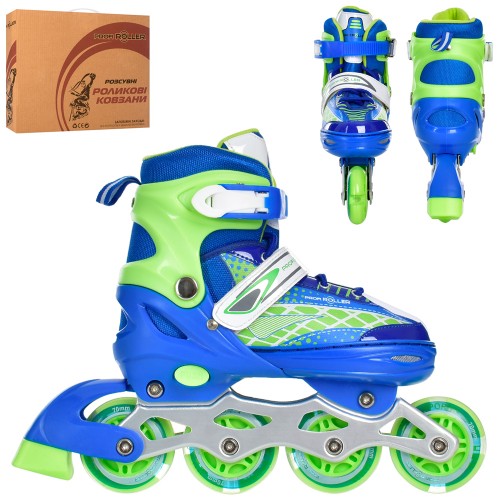 Ролики 35-38 розміру з розсувною метлалевою рамою, шнуроком, пряжкою, колесами ПУ 70 мм та світлом, синьо-зелені,