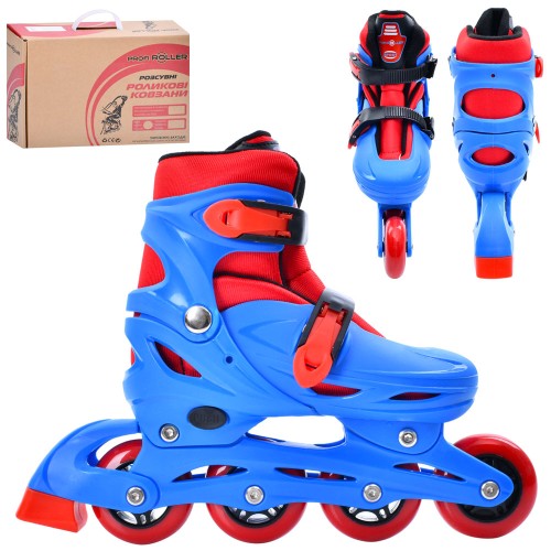 Ролики 35-38 розміру розсувні з колесами ПУ 70 мм зісвітлом, пряжкою, на пластиковій рамі, сині, у коробці 37х27,5х11 см