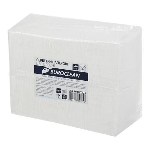 Серветки паперові, BUROCLEAN, 210*210 мм, 500 шт., у поліетиленовій упаковці, білі