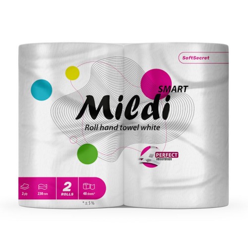 Рушники паперові «Mildi Smart» 80 метрів на гільзі двошарові, білі по 2 рулони, Кохавинка