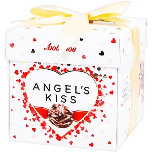 Цукерки «Любімов. Angel Kiss» мигдаль у білому шоколаді з рисовими кульками та кокосом, 140 г у коробці, ТМ Міленіум