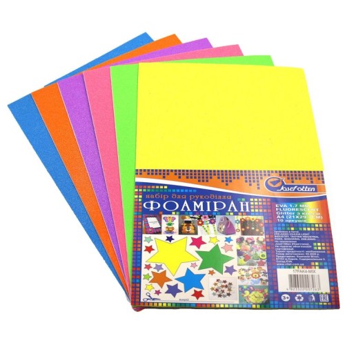 Фоаміран A4 товщиною 1,7 мм 6 аркушів флуорисцентних з глітером, різнокольоровий, ТМ J.Otten