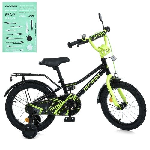 Велосипед «PROF1 PRIME» з колесами 16 дюймів, дзвінком, ліхтарем, багажником та додатковими колесами, чорно-салатовий