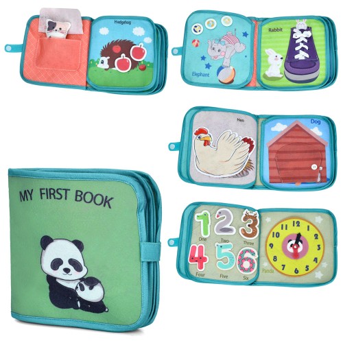 Книжка 20х21х4 см навчальна з деталями на липучках, шнурівкою, годинником та англійськими словами, у пакеті 21х23х4 см.