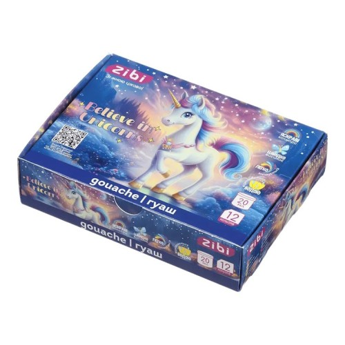 Фарби гуашеві «UNICORN» на 12 кольорів по 20 мл у картонній коробці, TM ZiBi