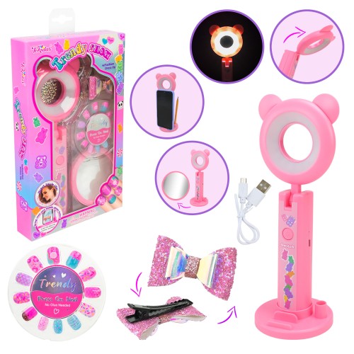 Косметичний столик: лампа з USB, наліпки на нігті, дзеркало та аксесуари, у коробці 15,5х4х26 см