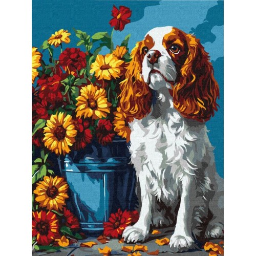 Картина за номерами «Спанієль та квіти» 30х40 см, ТМ Ідейка