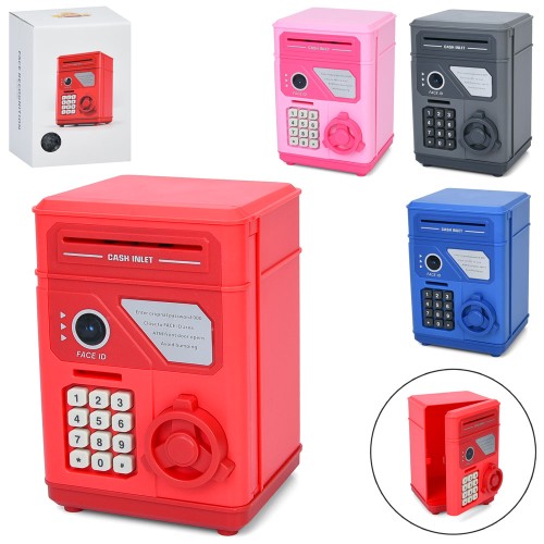 Скарбничка-сейф 13х19х13 см музична зі звуком та світлом та кодом, затягує купюри, на батарейці, в асортименті, у коробці 15х21,5х14 см