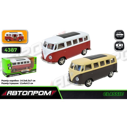 Машина « Volkswagen T1» 1:38 металева з дверима що відкриваються, в асортименті, у коробці 14,5х6,5х7 см, Автопром