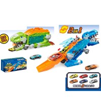 Трейлер «Динозавр» 34 см 2 в 1 з треком 47,5 см, рухомлю щелепою та 2 металевими машинками по 6 см, в асортименті, у коробці 34х15х13 см.