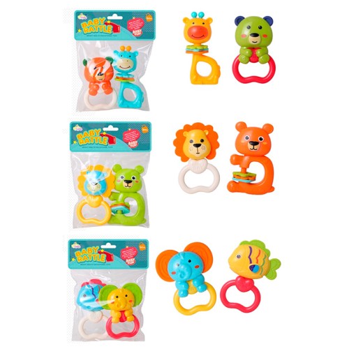 Набір брязкалець «Тваринки» з 2 шт по 11 см з прорізувачем, в асортименті, у пакеті 15,5х20х3 см.