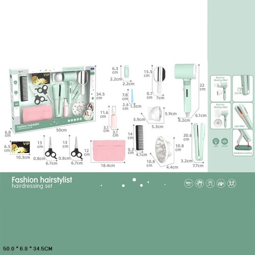 Набір перукаря зі світлом та звуком: фен, праска для волосся та інші аксесуари, на батарейці, у коробці 50х7х35 см