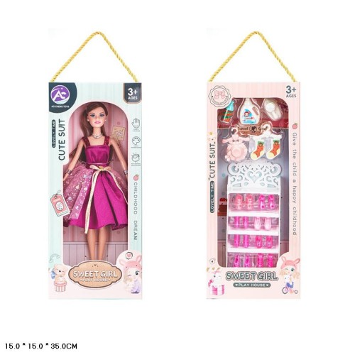 Лялька 30 см у стильній сукні з аксесуарами, у коробці 15х15х35 см