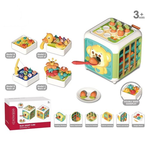 Бізікуб: гра «Нагодуй мавпу» та «Нагодуй пташку», геометрія, засувки, шестерні, риболовля, грань-гумки, рухомі деталі, у коробці 55х48х72 см