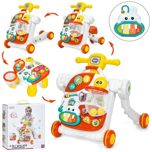 Ходунки-каталка 49х45х46 см 4 в 1:толокар, столик, музичне піаніно, шестерні, баскетбольне кільце, рухомі деталі