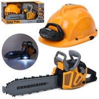 Бензопила 35 см зі звуком. світлом та захисна каска 23 см, на батарейці, у коробці 42х20,5х16,5 см.
