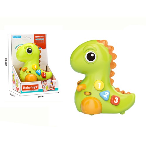 Динозавр 15 см музичний зі звуком, світлом та колесами, на батарейці, в асортименті, у коробці 14х20,5х10 см.