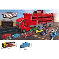 Трейлер 44,5 см інерційний з треком 210 см, рухомими деталями, гумовими колесами, 7 машинками по 7 см, в асортименті, у коробці 50х16х10 см.