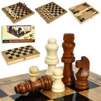 Шахи дерев'яні 3 в 1: ігрове поле 34х33,5 см та дерев'яні фігури, у коробці 34,5х18х5 см.