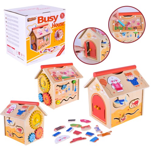 Бізіборд «Будиночок» дерев'яний з рухомими деталями, у коробці 21х17,5х21 см