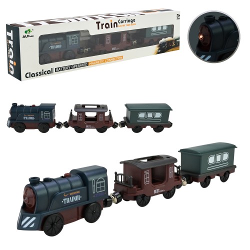 Потяг зі світлом та 2 магнітними вагончиками, на батарейці, у коробці 34,6х8,1х5 см