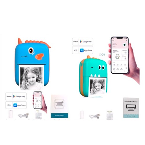 Міні-термопринтер «Динозавр» портативний 8х11х4 см з Bluetooth, APP, акумулятором, USB та папером, в асортименті, у коробці 9х12х5 см.