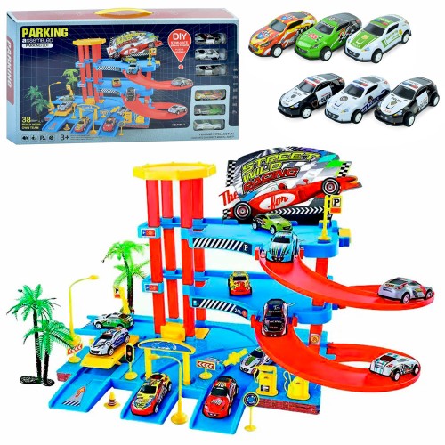Гараж 3-поверховий на 38 деталей з 6 машинками та дорожніми знаками, в асортименті, у коробці 48,5х28х7 см